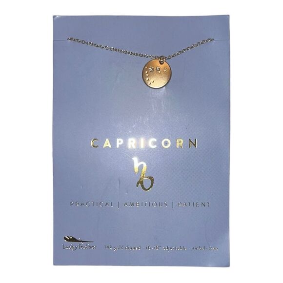 Lucky Feather Gold Tone Zodiac Necklace Capricorn Crystal Accents New - Picture 2 of 4